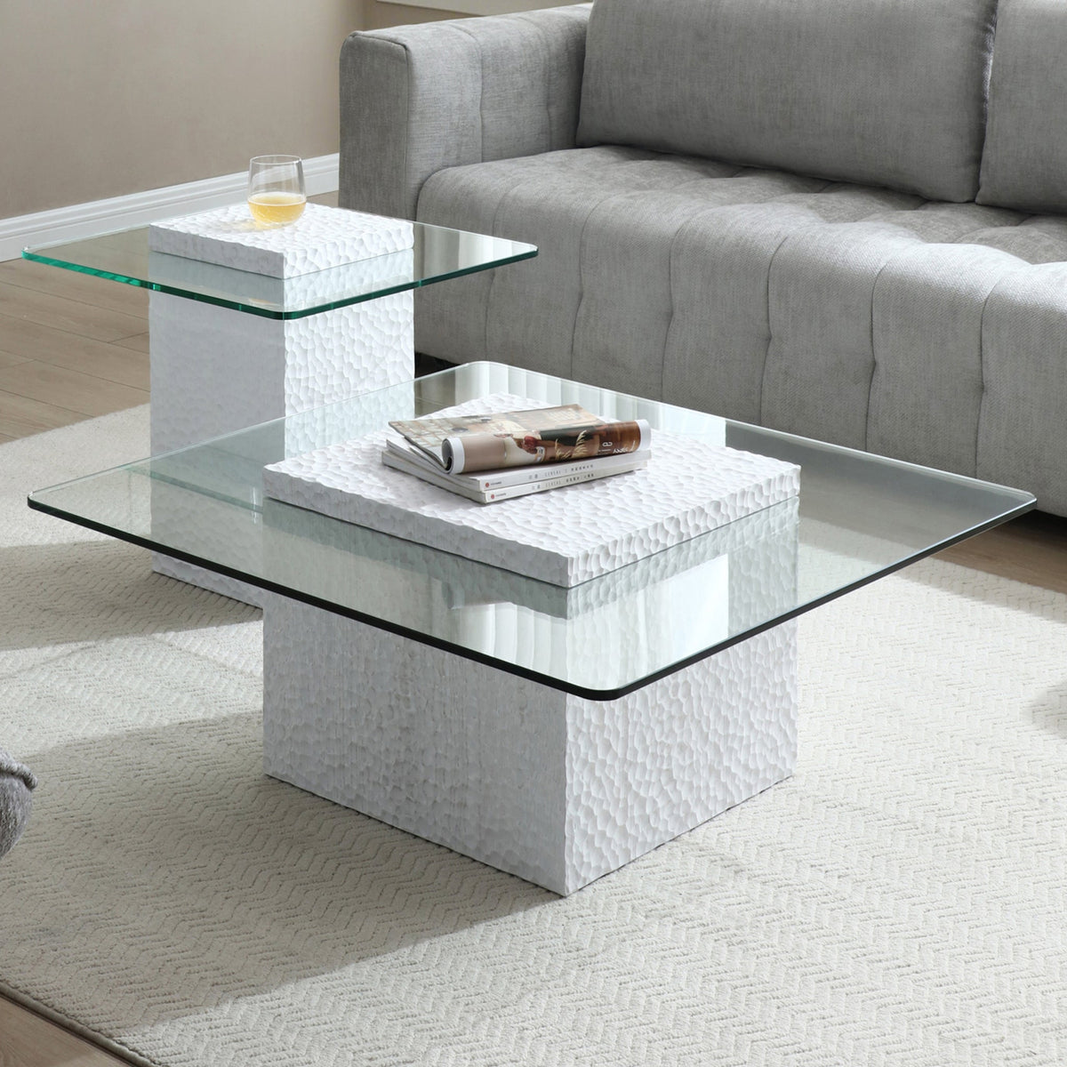 Modern White Textured Cube Coffee Table - Sonkuki