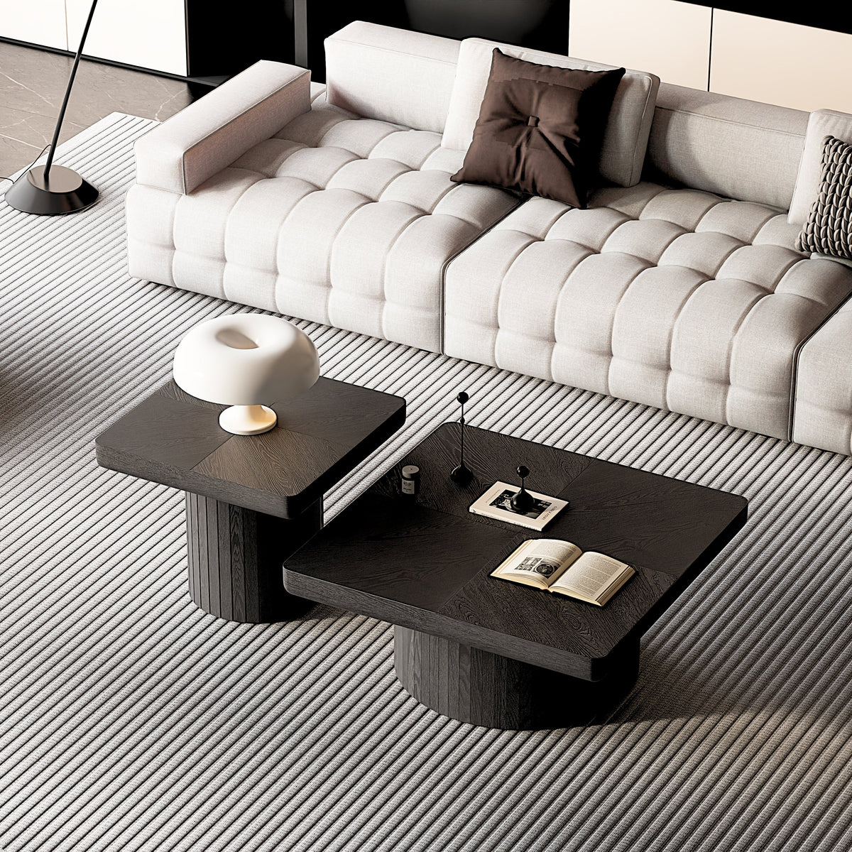 Modern Wood Nesting Coffee Table Set, 2-Piece Coffee Table with Cylindrical & Fluted Pedestal, Minimalist Center Table & Side Table for Wabi-Sabi Decor, Versatile Nesting Tables for Living Room - Sonkuki