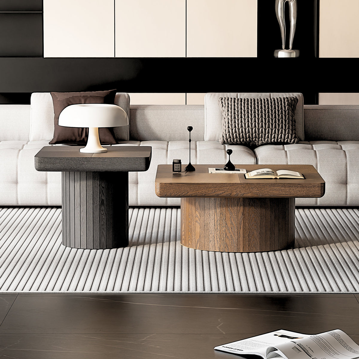 Modern Wood Nesting Coffee Table Set, 2-Piece Coffee Table with Cylindrical & Fluted Pedestal, Minimalist Center Table & Side Table for Wabi-Sabi Decor, Versatile Nesting Tables for Living Room - Sonkuki