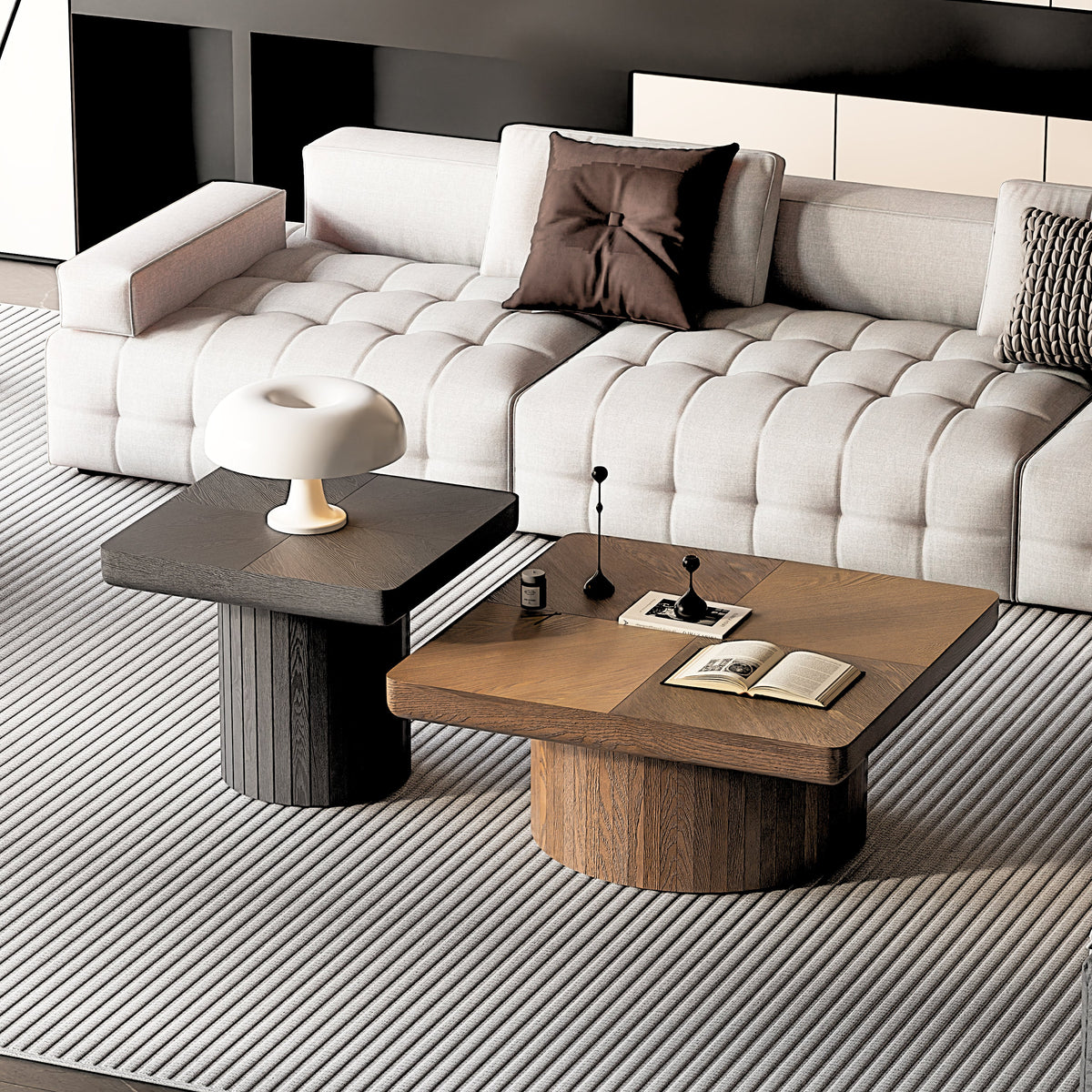 Modern Wood Nesting Coffee Table Set, 2-Piece Coffee Table with Cylindrical & Fluted Pedestal, Minimalist Center Table & Side Table for Wabi-Sabi Decor, Versatile Nesting Tables for Living Room - Sonkuki