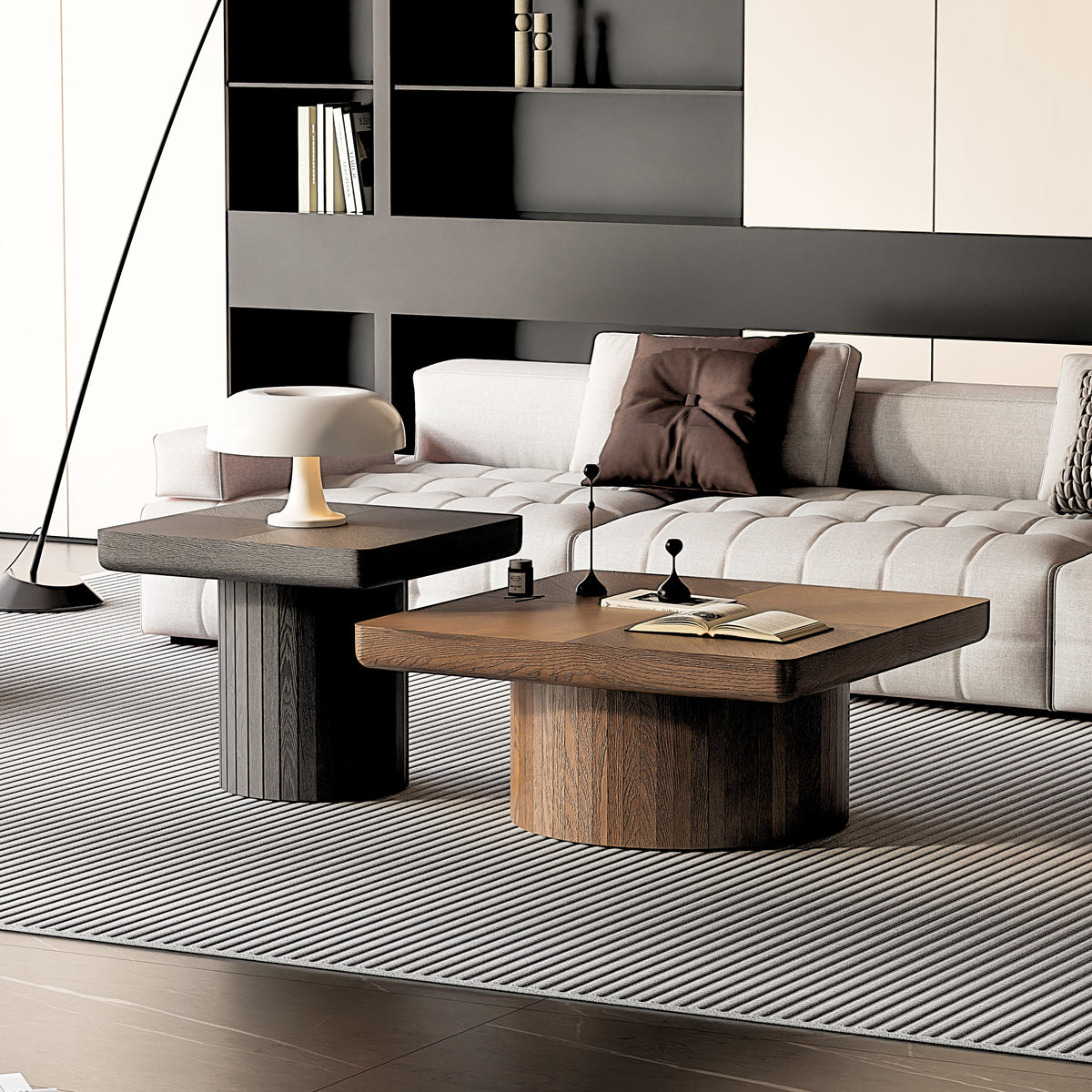 Modern Wood Nesting Coffee Table Set, 2-Piece Coffee Table with Cylindrical & Fluted Pedestal, Minimalist Center Table & Side Table for Wabi-Sabi Decor, Versatile Nesting Tables for Living Room - Sonkuki