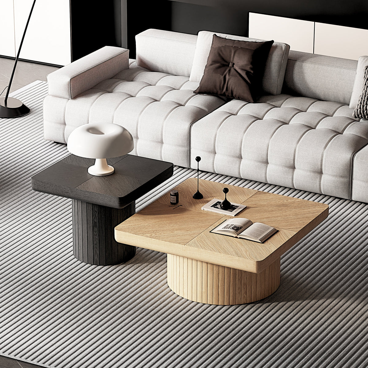 Modern Wood Nesting Coffee Table Set, 2-Piece Coffee Table with Cylindrical & Fluted Pedestal, Minimalist Center Table & Side Table for Wabi-Sabi Decor, Versatile Nesting Tables for Living Room - Sonkuki