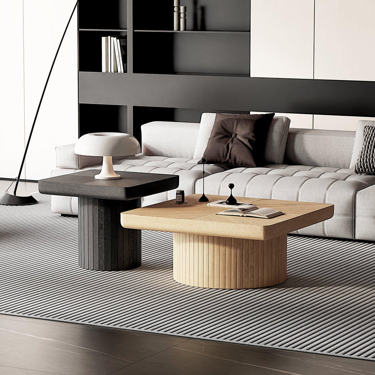 Modern Wood Nesting Coffee Table Set, 2-Piece Coffee Table with Cylindrical & Fluted Pedestal, Minimalist Center Table & Side Table for Wabi-Sabi Decor, Versatile Nesting Tables for Living Room - Sonkuki