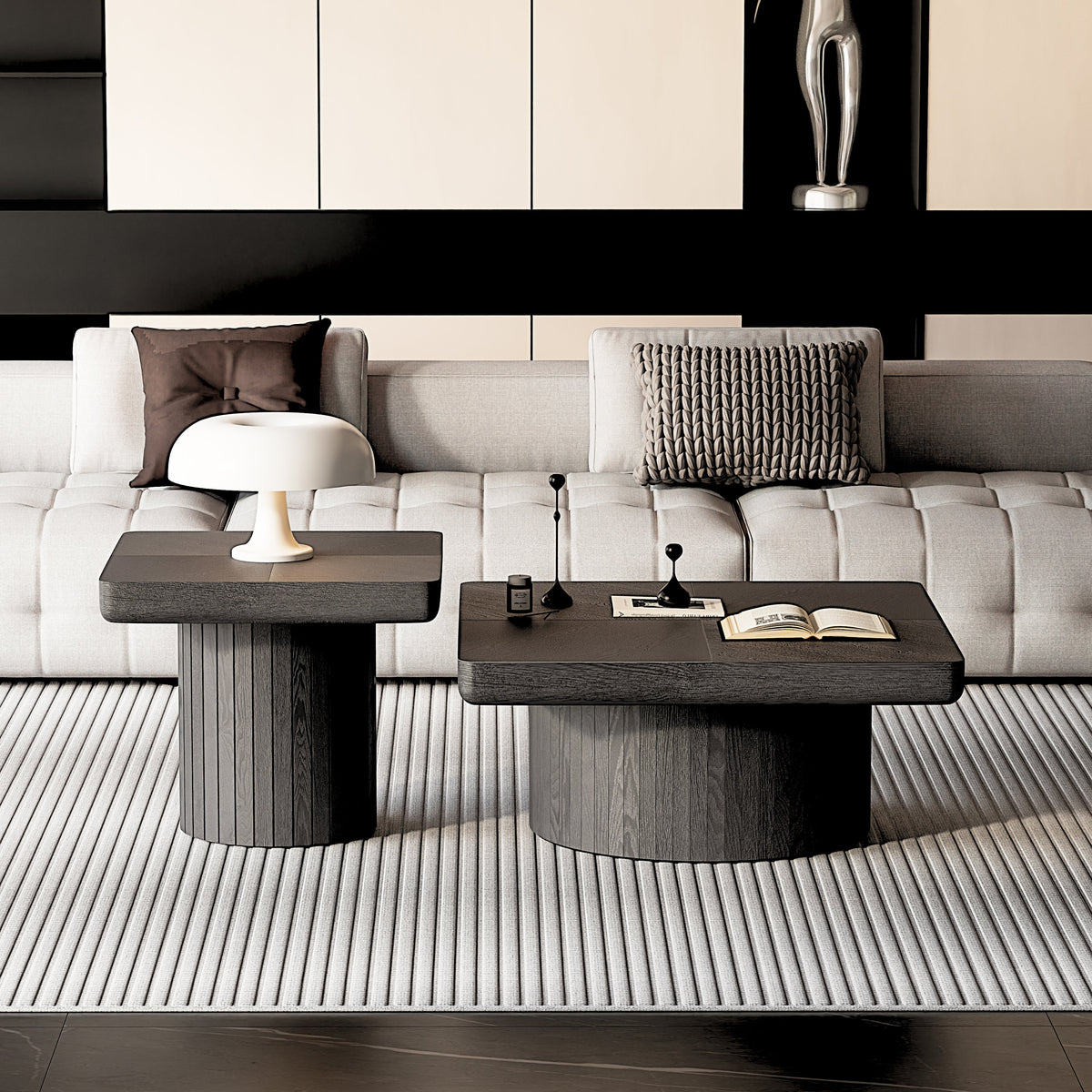 Modern Wood Nesting Coffee Table Set, 2-Piece Coffee Table with Cylindrical & Fluted Pedestal, Minimalist Center Table & Side Table for Wabi-Sabi Decor, Versatile Nesting Tables for Living Room - Sonkuki
