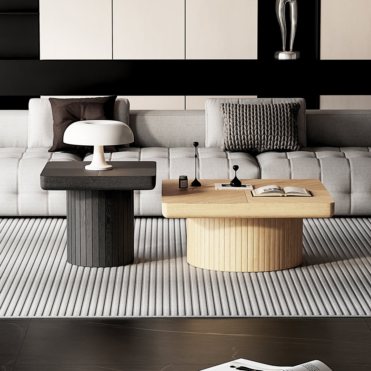 Modern Wood Nesting Coffee Table Set, 2-Piece Coffee Table with Cylindrical & Fluted Pedestal, Minimalist Center Table & Side Table for Wabi-Sabi Decor, Versatile Nesting Tables for Living Room - Sonkuki
