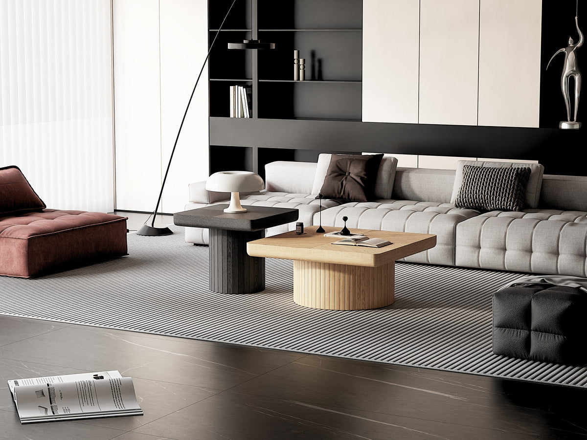 Modern Wood Nesting Coffee Table Set, 2-Piece Coffee Table with Cylindrical & Fluted Pedestal, Minimalist Center Table & Side Table for Wabi-Sabi Decor, Versatile Nesting Tables for Living Room - Sonkuki