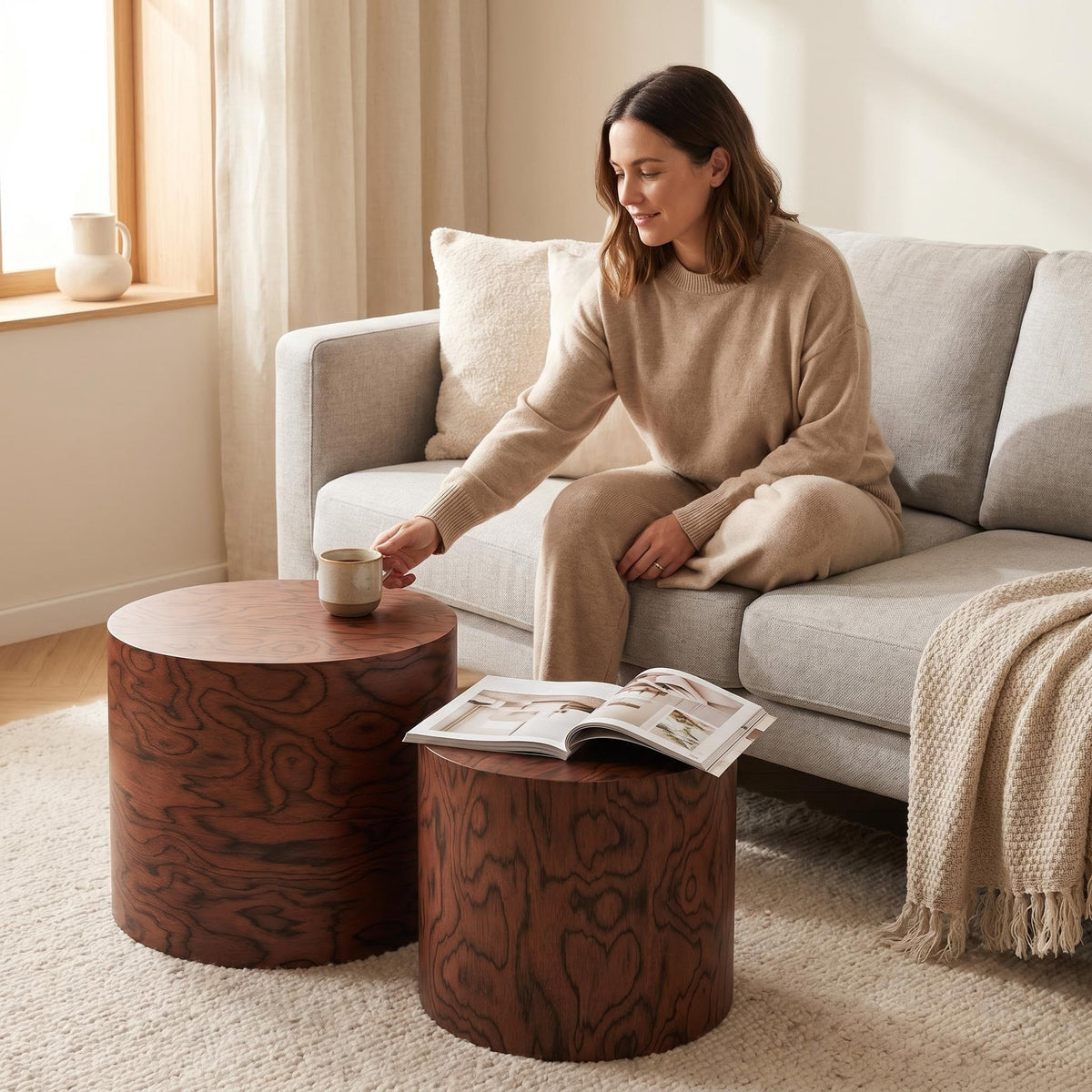 Nesting Coffee Table Set of 2, Modern Round Coffee Table, Wooden Circle Accent Tables for Small Spaces Living Room Bedroom Balcony Office Drum Side Table - Sonkuki