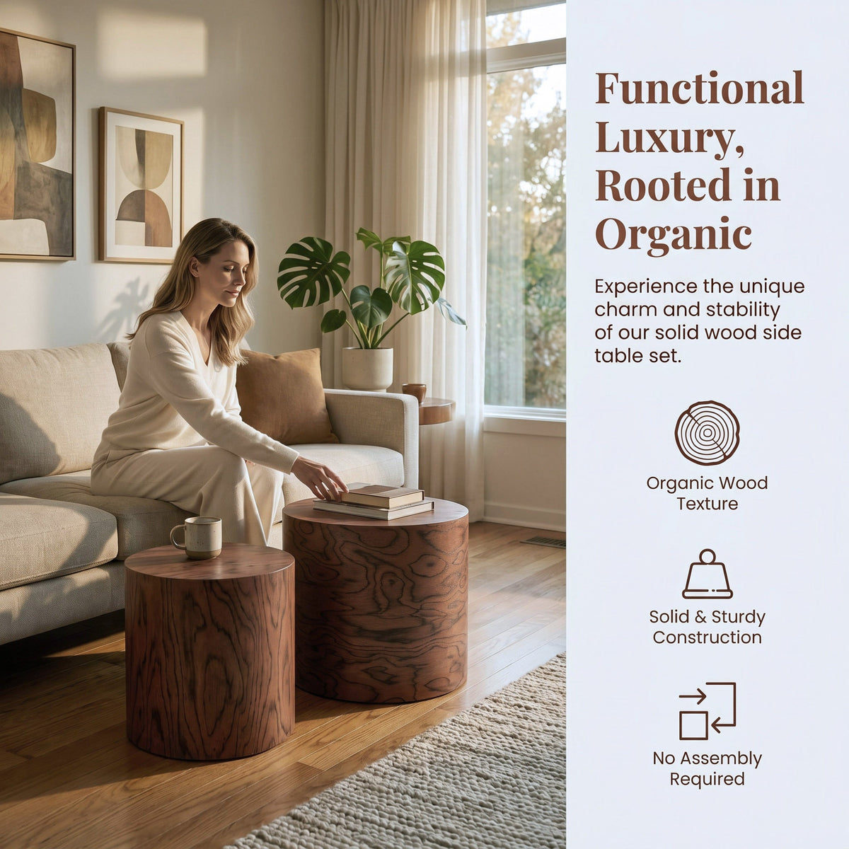 Nesting Coffee Table Set of 2, Modern Round Coffee Table, Wooden Circle Accent Tables for Small Spaces Living Room Bedroom Balcony Office Drum Side Table - Sonkuki