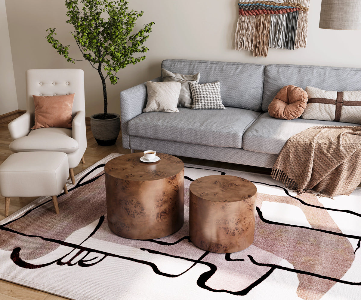 Nesting Coffee Table Set of 2, Modern Round Coffee Table, Wooden Circle Accent Tables for Small Spaces Living Room Bedroom Balcony Office Drum Side Table - Sonkuki