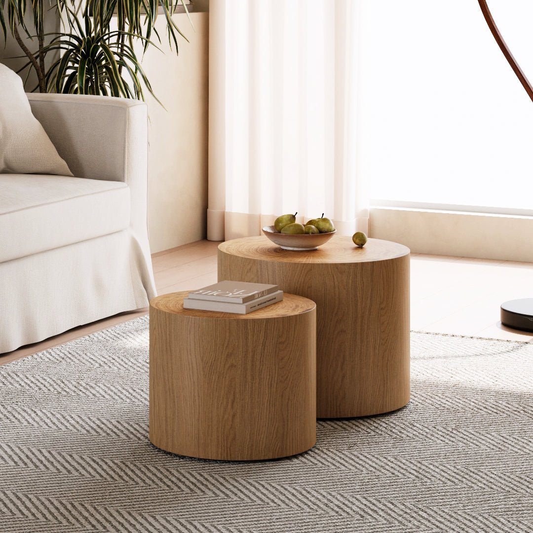 Nesting Coffee Table Set of 2, Modern Round Coffee Table, Wooden Circle Accent Tables for Small Spaces Living Room Bedroom Balcony Office Drum Side Table - Sonkuki