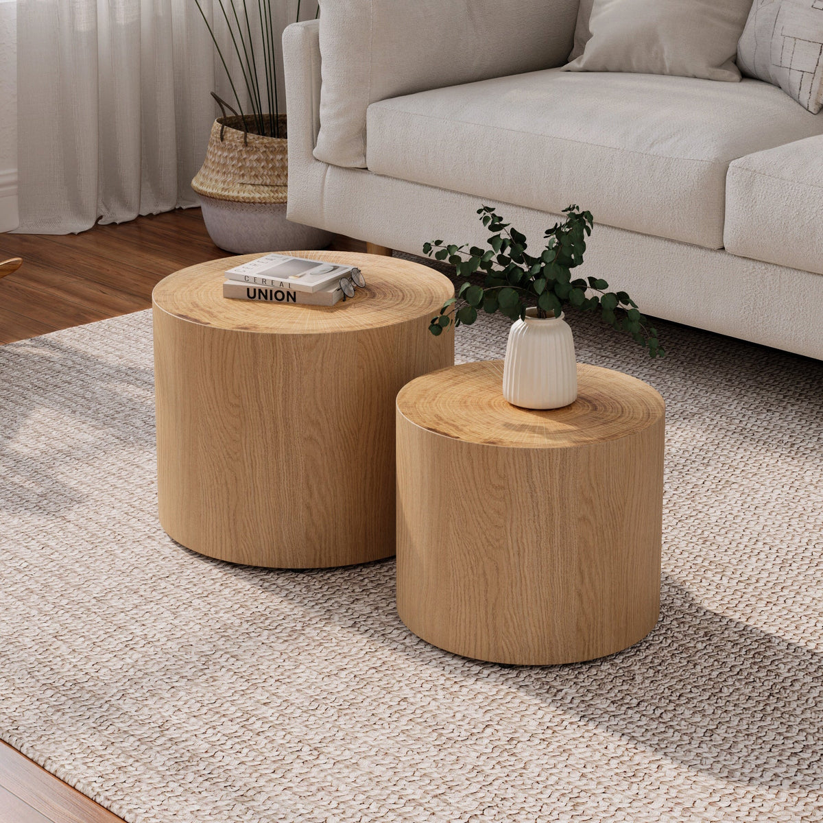 Nesting Coffee Table Set of 2, Modern Round Coffee Table, Wooden Circle Accent Tables for Small Spaces Living Room Bedroom Balcony Office Drum Side Table - Sonkuki