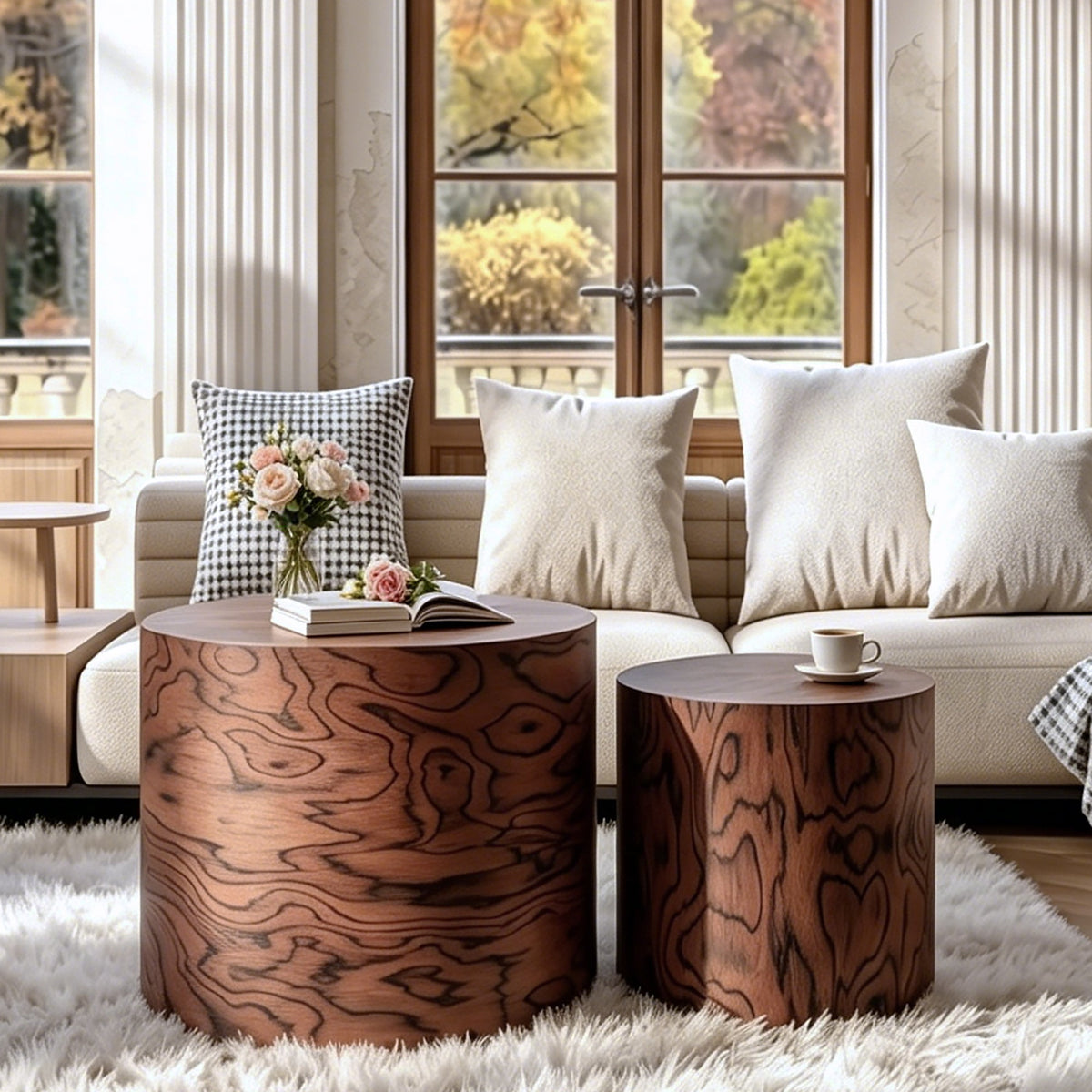 Nesting Coffee Table Set of 2, Modern Round Coffee Table, Wooden Circle Accent Tables for Small Spaces Living Room Bedroom Balcony Office Drum Side Table - Sonkuki