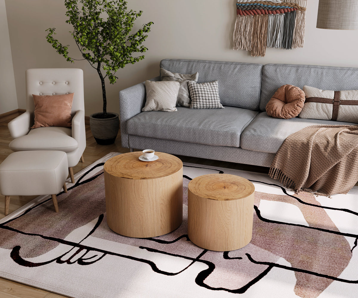 Nesting Coffee Table Set of 2, Modern Round Coffee Table, Wooden Circle Accent Tables for Small Spaces Living Room Bedroom Balcony Office Drum Side Table - Sonkuki