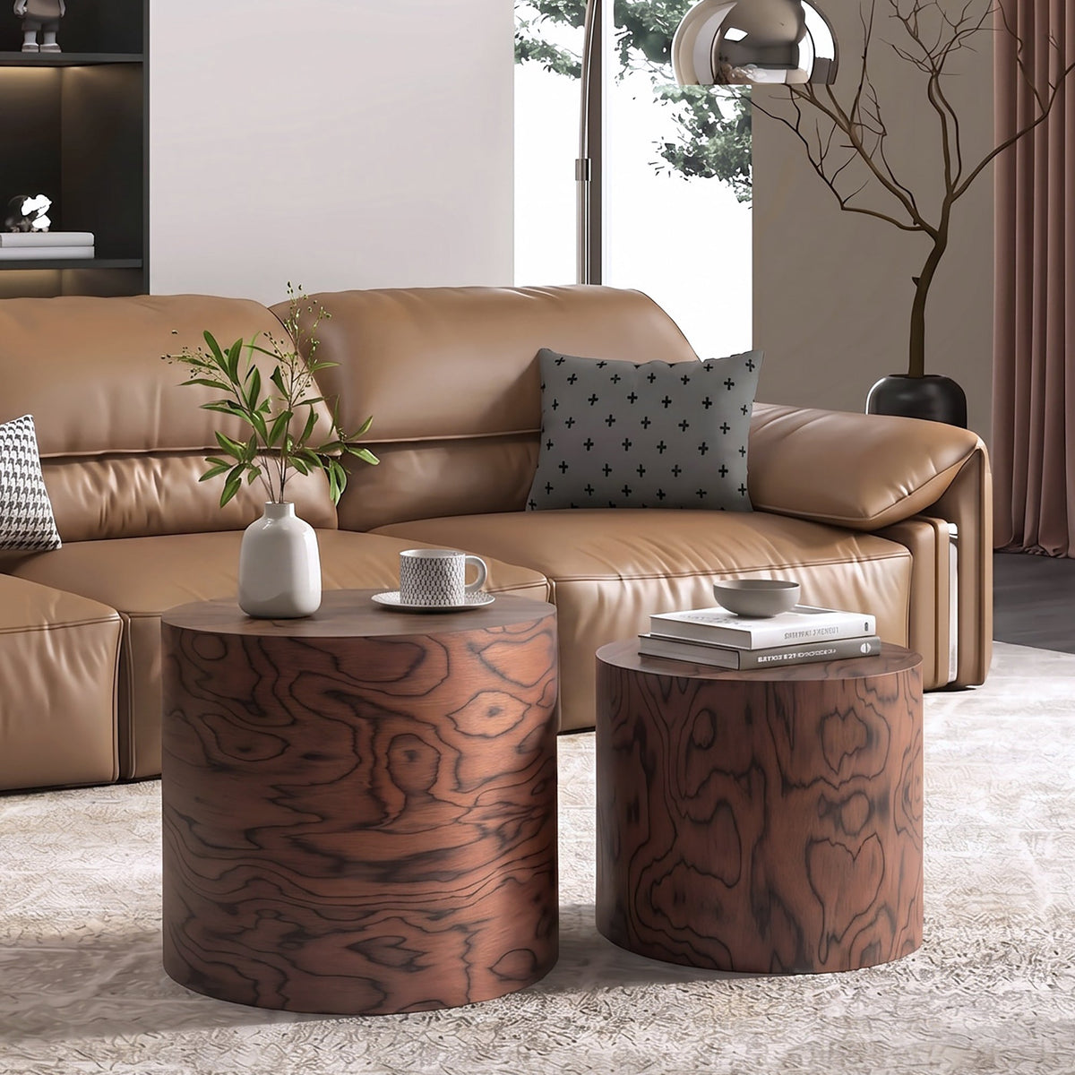 Nesting Coffee Table Set of 2, Modern Round Coffee Table, Wooden Circle Accent Tables for Small Spaces Living Room Bedroom Balcony Office Drum Side Table - Sonkuki