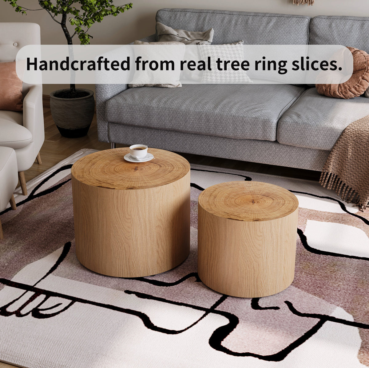 Nesting Coffee Table Set of 2, Modern Round Coffee Table, Wooden Circle Accent Tables for Small Spaces Living Room Bedroom Balcony Office Drum Side Table - Sonkuki