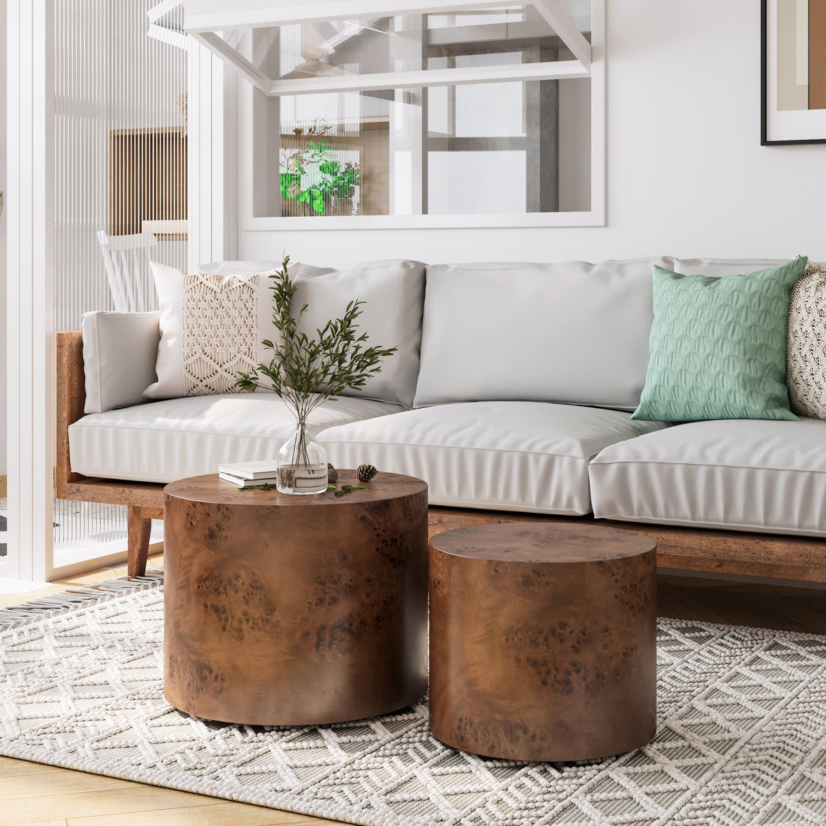 Nesting Coffee Table Set of 2, Modern Round Coffee Table, Wooden Circle Accent Tables for Small Spaces Living Room Bedroom Balcony Office Drum Side Table - Sonkuki