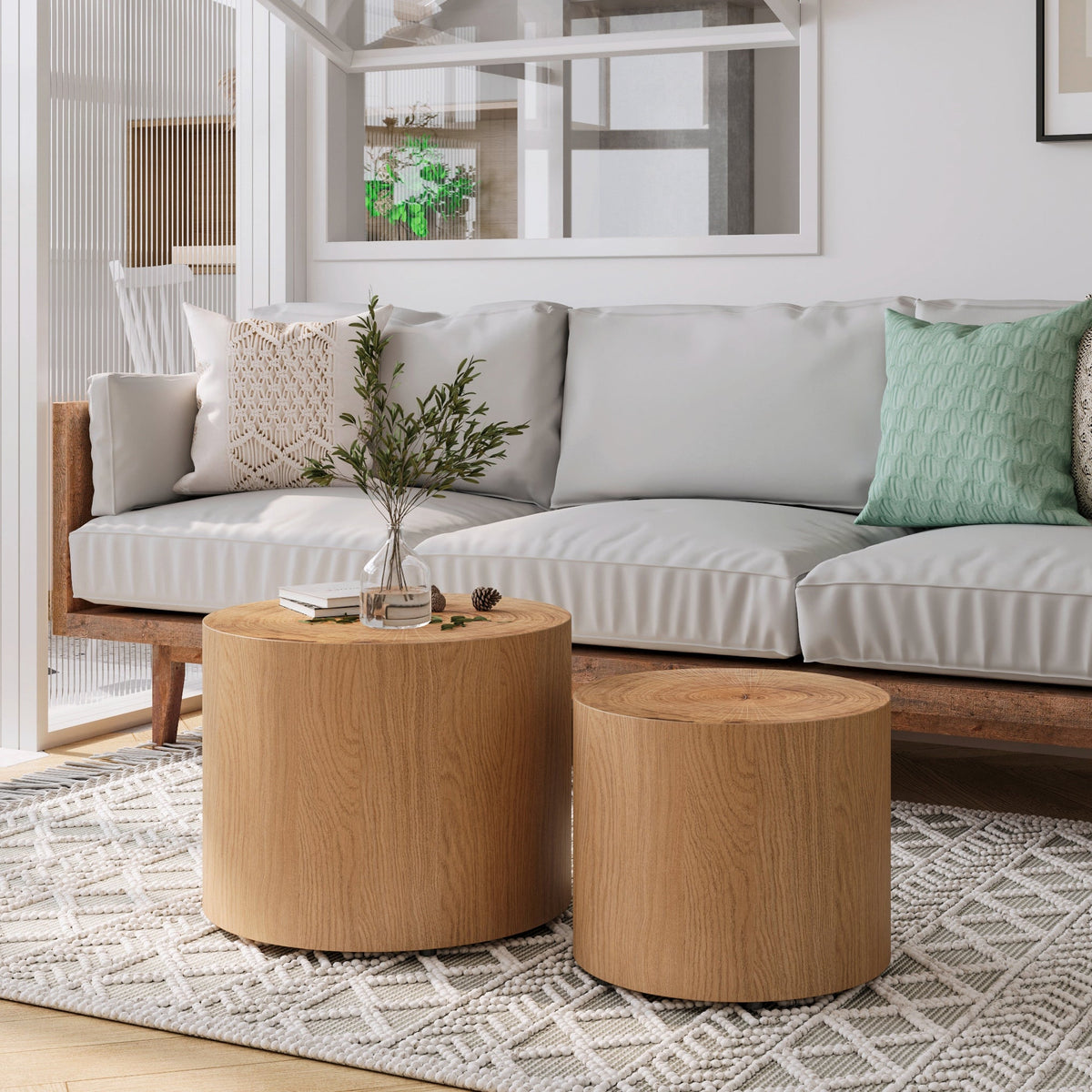Nesting Coffee Table Set of 2, Modern Round Coffee Table, Wooden Circle Accent Tables for Small Spaces Living Room Bedroom Balcony Office Drum Side Table - Sonkuki