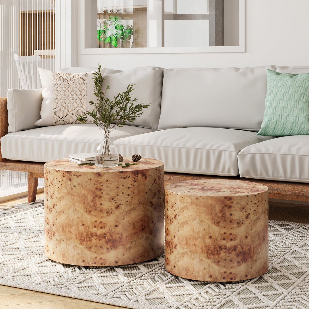 Nesting Coffee Table Set of 2, Modern Round Coffee Table, Wooden Circle Accent Tables for Small Spaces Living Room Bedroom Balcony Office Drum Side Table - Sonkuki