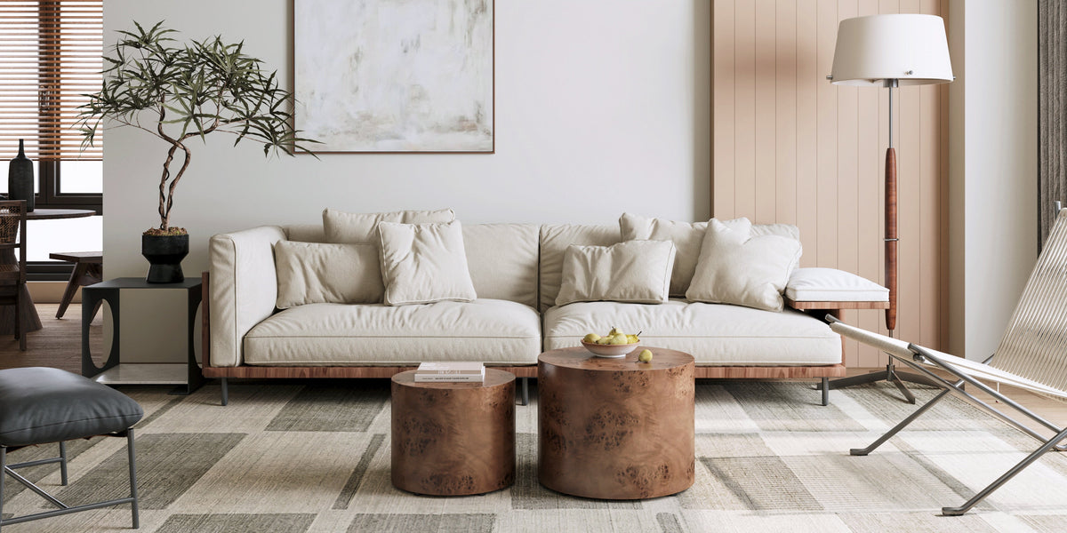 Nesting Coffee Table Set of 2, Modern Round Coffee Table, Wooden Circle Accent Tables for Small Spaces Living Room Bedroom Balcony Office Drum Side Table - Sonkuki