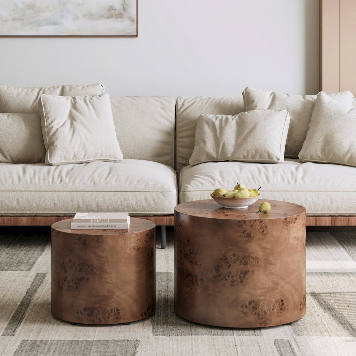 Nesting Coffee Table Set of 2, Modern Round Coffee Table, Wooden Circle Accent Tables for Small Spaces Living Room Bedroom Balcony Office Drum Side Table - Sonkuki