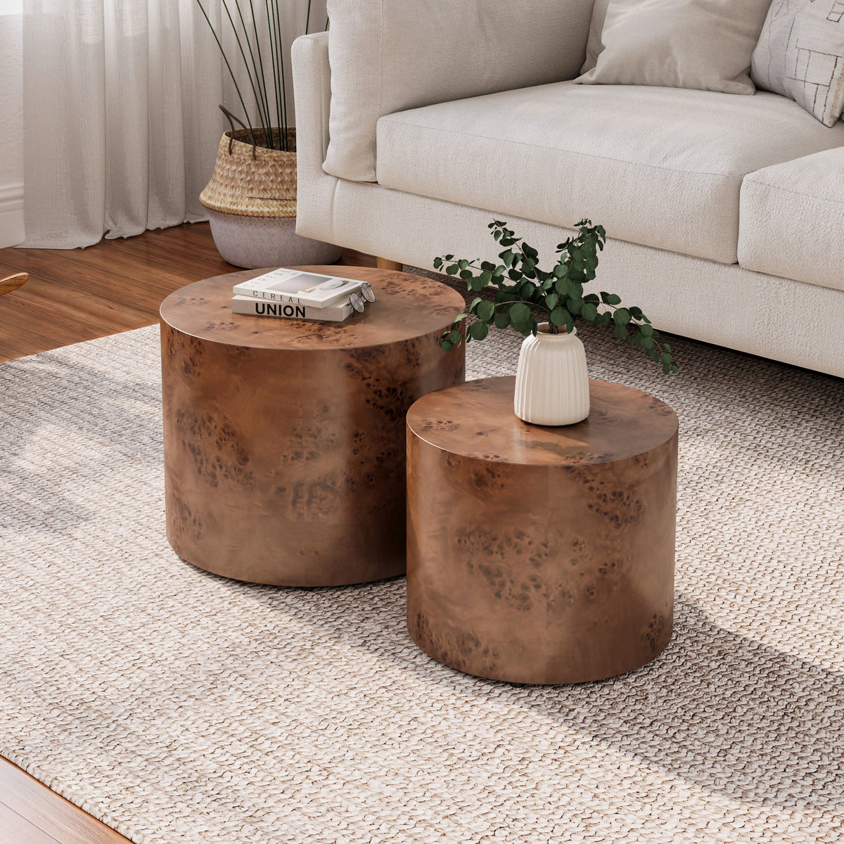 Nesting Coffee Table Set of 2, Modern Round Coffee Table, Wooden Circle Accent Tables for Small Spaces Living Room Bedroom Balcony Office Drum Side Table - Sonkuki