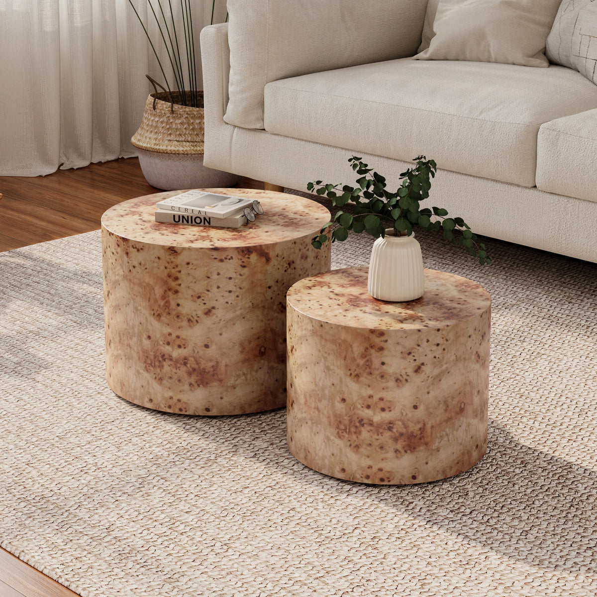 Nesting Coffee Table Set of 2, Modern Round Coffee Table, Wooden Circle Accent Tables for Small Spaces Living Room Bedroom Balcony Office Drum Side Table - Sonkuki