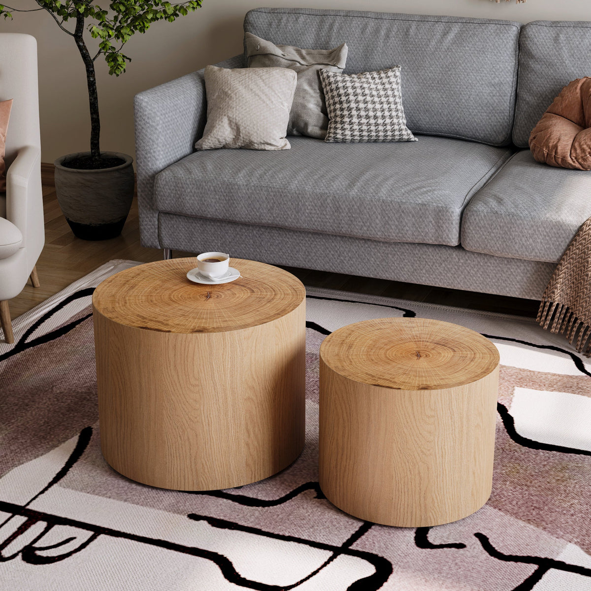 Nesting Coffee Table Set of 2, Modern Round Coffee Table, Wooden Circle Accent Tables for Small Spaces Living Room Bedroom Balcony Office Drum Side Table - Sonkuki