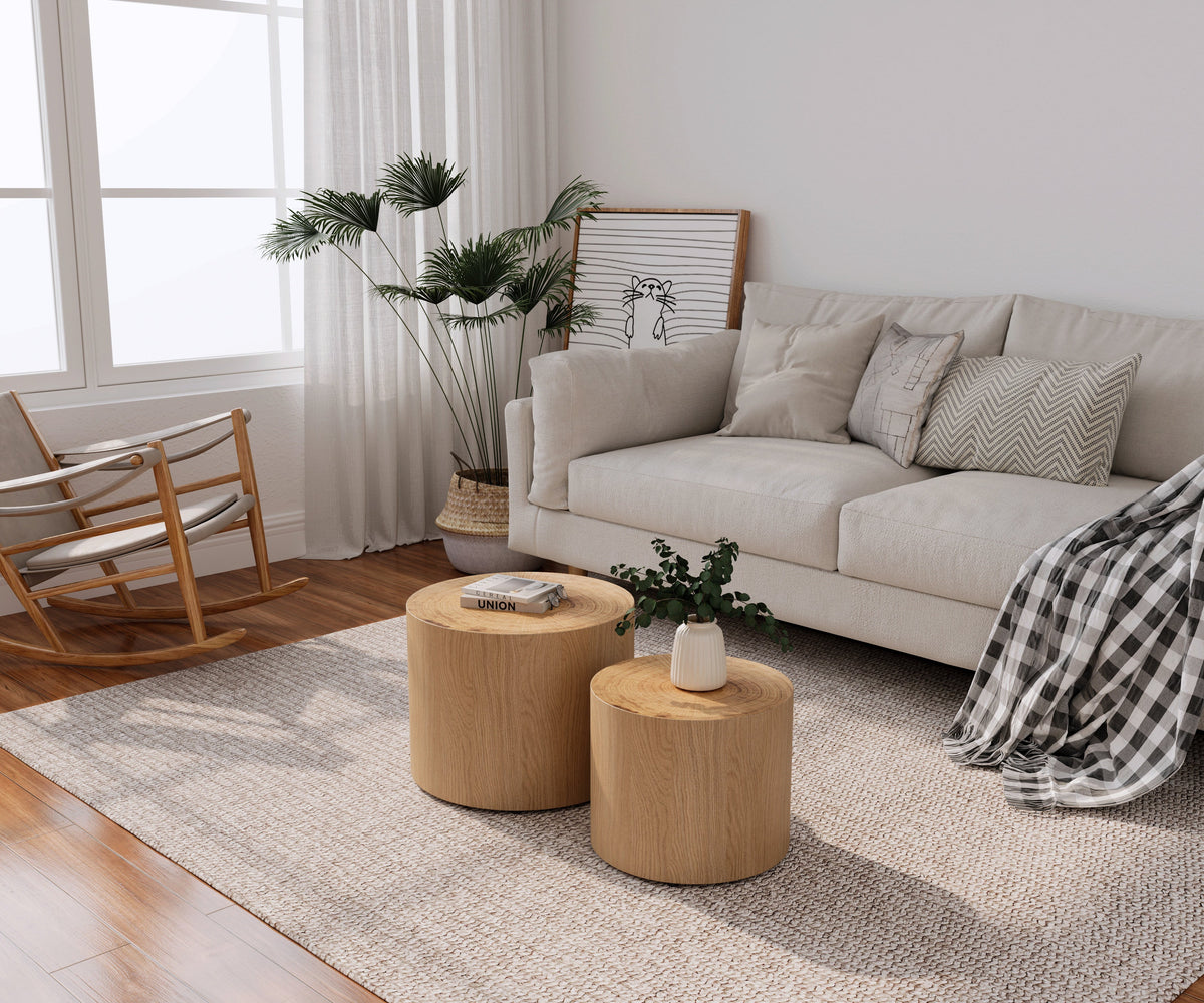 Nesting Coffee Table Set of 2, Modern Round Coffee Table, Wooden Circle Accent Tables for Small Spaces Living Room Bedroom Balcony Office Drum Side Table - Sonkuki