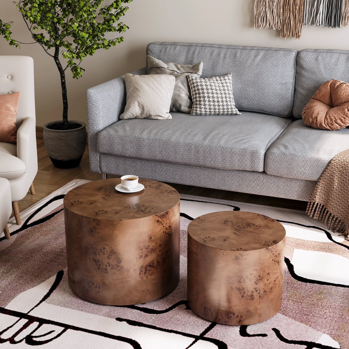 Nesting Coffee Table Set of 2, Modern Round Coffee Table, Wooden Circle Accent Tables for Small Spaces Living Room Bedroom Balcony Office Drum Side Table - Sonkuki