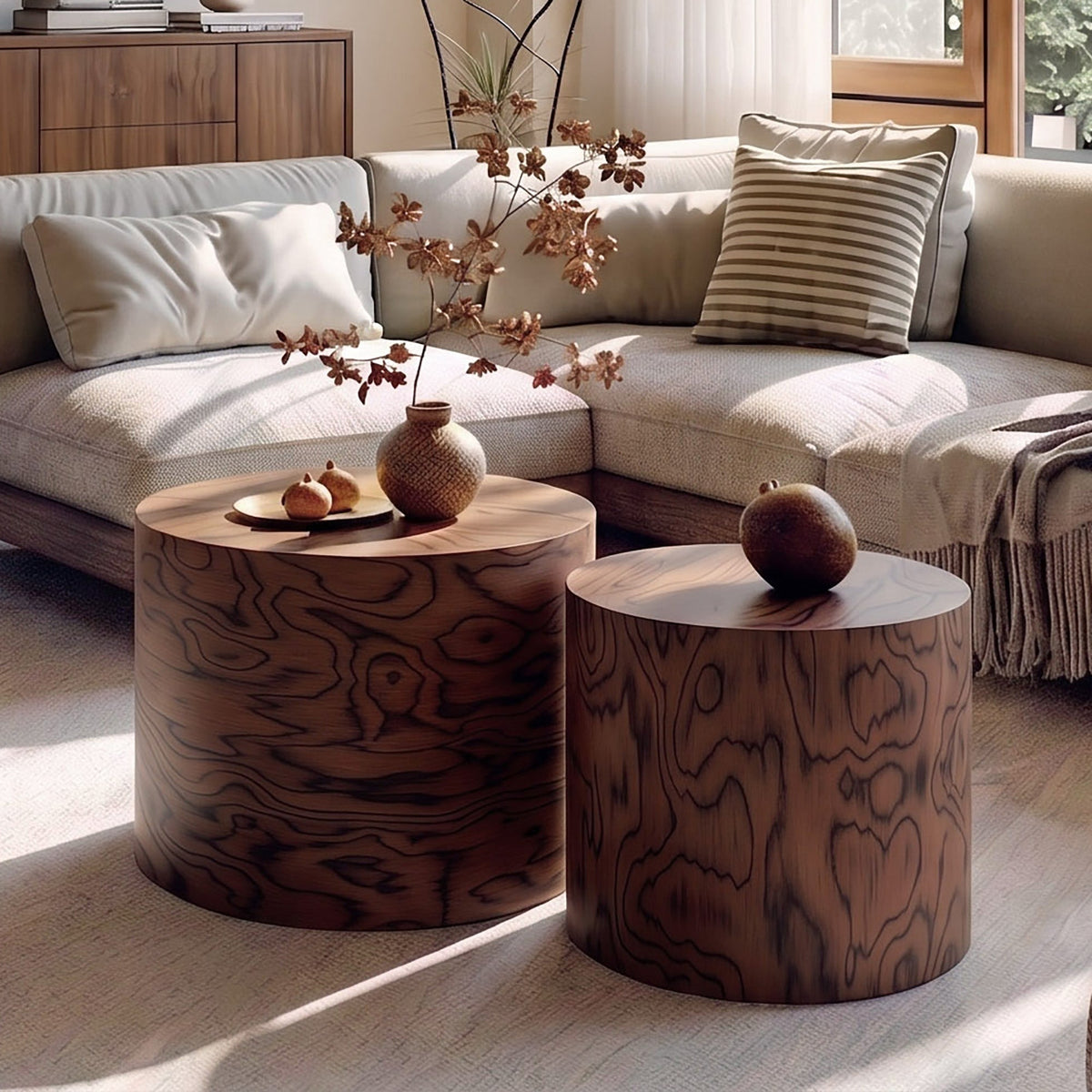 Nesting Coffee Table Set of 2, Modern Round Coffee Table, Wooden Circle Accent Tables for Small Spaces Living Room Bedroom Balcony Office Drum Side Table - Sonkuki
