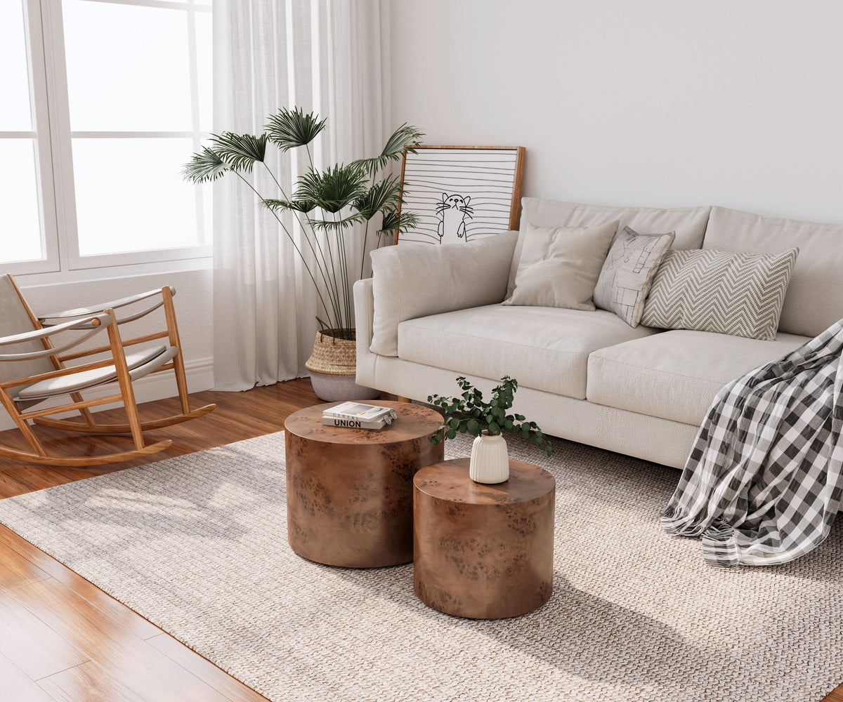 Nesting Coffee Table Set of 2, Modern Round Coffee Table, Wooden Circle Accent Tables for Small Spaces Living Room Bedroom Balcony Office Drum Side Table - Sonkuki