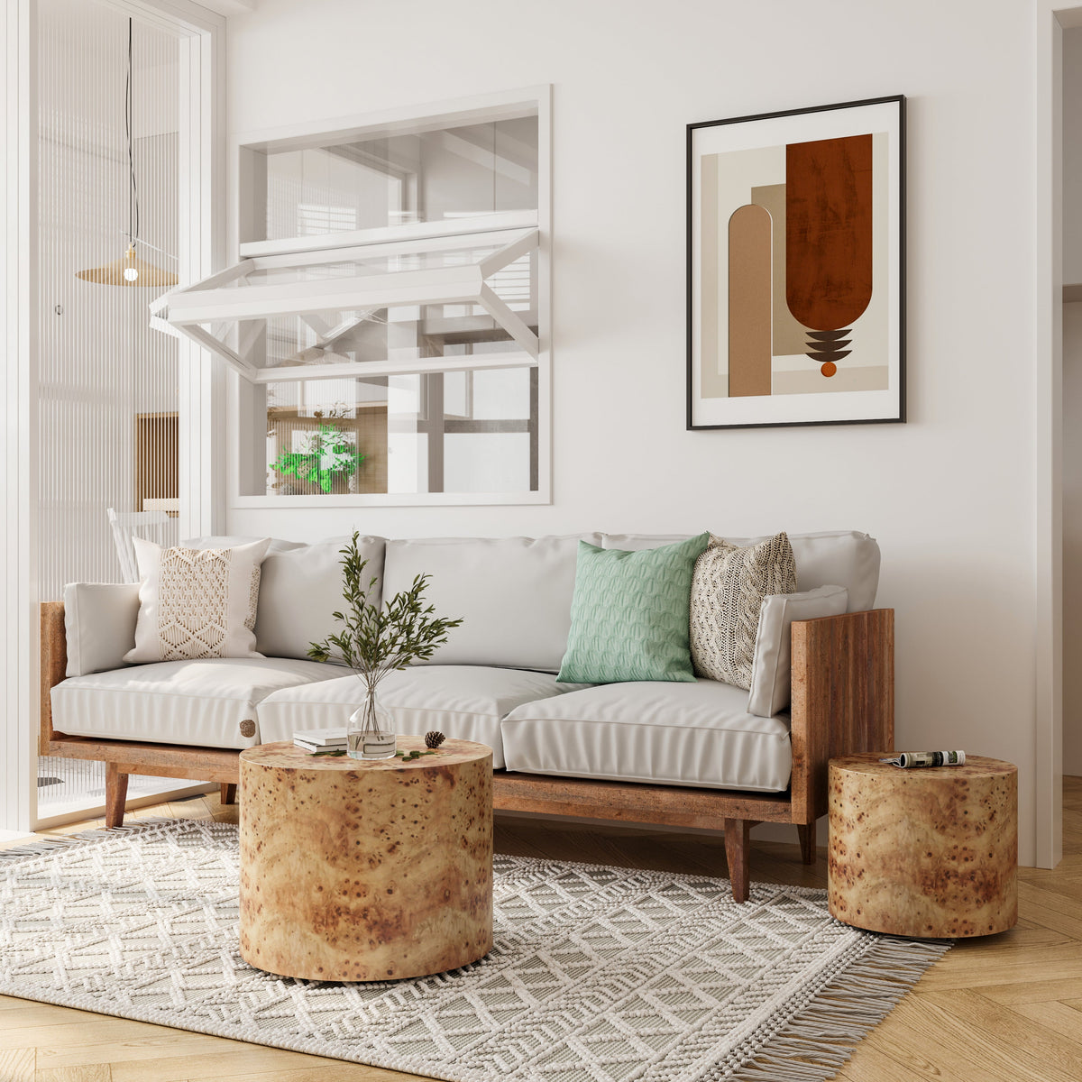 Nesting Coffee Table Set of 2, Modern Round Coffee Table, Wooden Circle Accent Tables for Small Spaces Living Room Bedroom Balcony Office Drum Side Table - Sonkuki