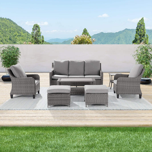Outdoor 7 Piece Furniture Conversation PE Wicker Table Sofa Set Curved Armrests With Thick Cushions - Sonkuki