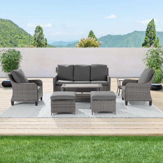Outdoor 7 Piece Furniture Conversation PE Wicker Table Sofa Set Curved Armrests With Thick Cushions - Sonkuki