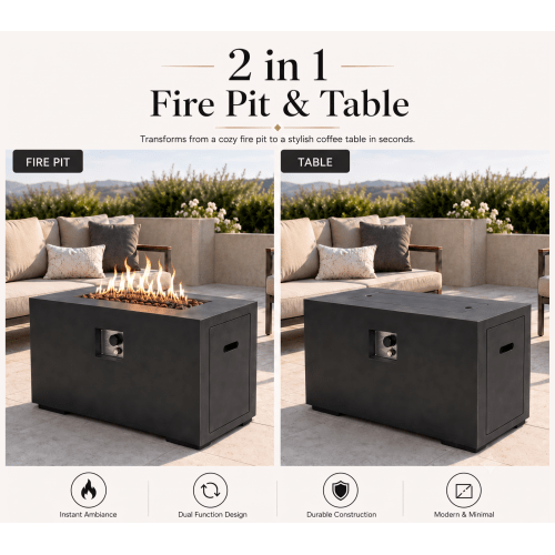 Outdoor Fire Pit Table, 50,000 BTU Propane Fire Pit, Lightweight Concrete Gas Fire Table with Lava Rocks, Burner Lid & Waterproof Cover, Rectangular Firepit for Patio Garden - Sonkuki