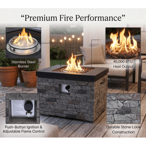 Outdoor Fire Pit Table, 50,000 BTU Propane Fire Pit, Lightweight Concrete Gas Fire Table with Lava Rocks, Burner Lid & Waterproof Cover, Rectangular Firepit for Patio Garden - Sonkuki
