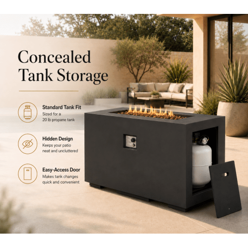 Outdoor Fire Pit Table, 50,000 BTU Propane Fire Pit, Lightweight Concrete Gas Fire Table with Lava Rocks, Burner Lid & Waterproof Cover, Rectangular Firepit for Patio Garden - Sonkuki