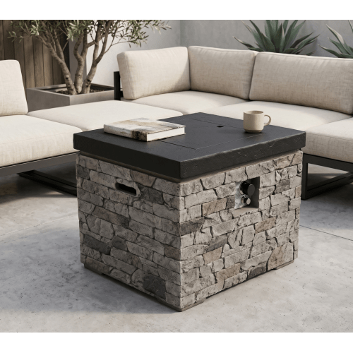 Outdoor Fire Pit Table, 50,000 BTU Propane Fire Pit, Lightweight Concrete Gas Fire Table with Lava Rocks, Burner Lid & Waterproof Cover, Rectangular Firepit for Patio Garden - Sonkuki