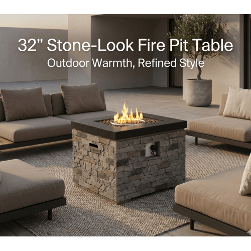 Outdoor Fire Pit Table, 50,000 BTU Propane Fire Pit, Lightweight Concrete Gas Fire Table with Lava Rocks, Burner Lid & Waterproof Cover, Rectangular Firepit for Patio Garden - Sonkuki