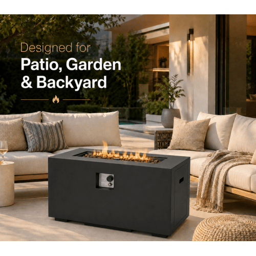 Outdoor Fire Pit Table, 50,000 BTU Propane Fire Pit, Lightweight Concrete Gas Fire Table with Lava Rocks, Burner Lid & Waterproof Cover, Rectangular Firepit for Patio Garden - Sonkuki