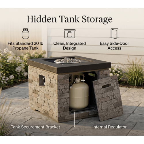 Outdoor Fire Pit Table, 50,000 BTU Propane Fire Pit, Lightweight Concrete Gas Fire Table with Lava Rocks, Burner Lid & Waterproof Cover, Rectangular Firepit for Patio Garden - Sonkuki