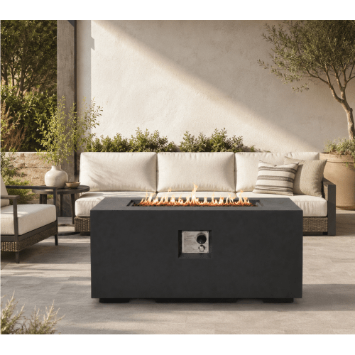 Outdoor Fire Pit Table, 50,000 BTU Propane Fire Pit, Lightweight Concrete Gas Fire Table with Lava Rocks, Burner Lid & Waterproof Cover, Rectangular Firepit for Patio Garden - Sonkuki