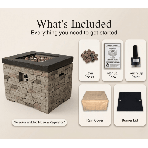 Outdoor Fire Pit Table, 50,000 BTU Propane Fire Pit, Lightweight Concrete Gas Fire Table with Lava Rocks, Burner Lid & Waterproof Cover, Rectangular Firepit for Patio Garden - Sonkuki
