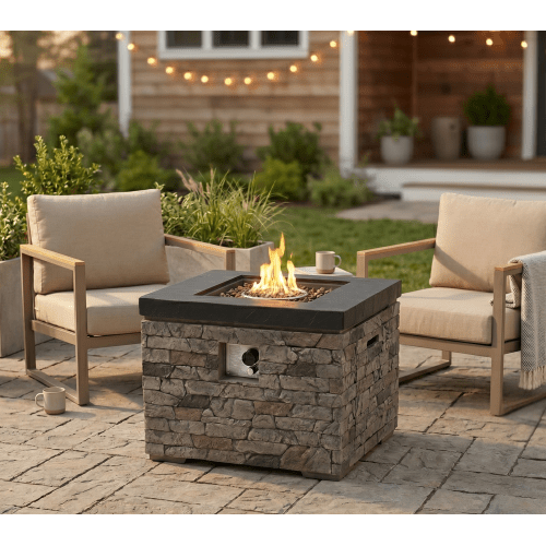 Outdoor Fire Pit Table, 50,000 BTU Propane Fire Pit, Lightweight Concrete Gas Fire Table with Lava Rocks, Burner Lid & Waterproof Cover, Rectangular Firepit for Patio Garden - Sonkuki