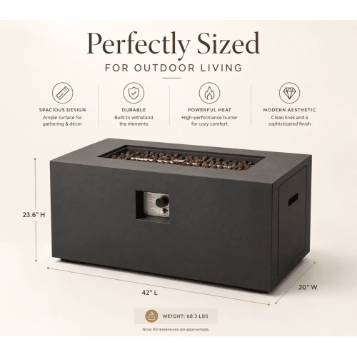 Outdoor Fire Pit Table, 50,000 BTU Propane Fire Pit, Lightweight Concrete Gas Fire Table with Lava Rocks, Burner Lid & Waterproof Cover, Rectangular Firepit for Patio Garden - Sonkuki