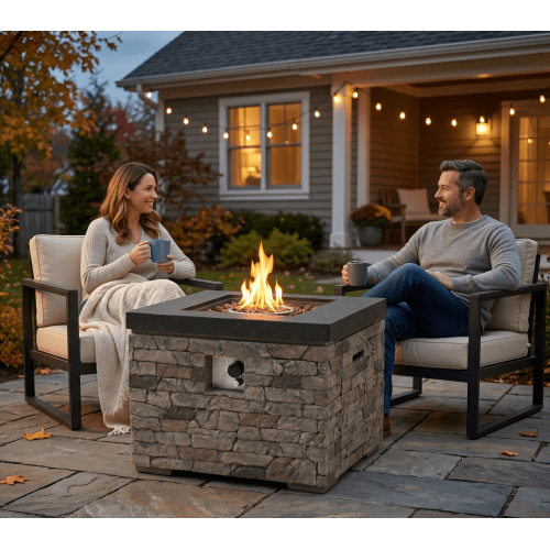 Outdoor Fire Pit Table, 50,000 BTU Propane Fire Pit, Lightweight Concrete Gas Fire Table with Lava Rocks, Burner Lid & Waterproof Cover, Rectangular Firepit for Patio Garden - Sonkuki