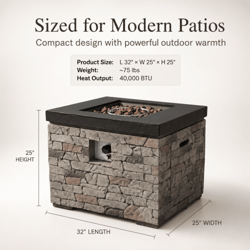 Outdoor Fire Pit Table, 50,000 BTU Propane Fire Pit, Lightweight Concrete Gas Fire Table with Lava Rocks, Burner Lid & Waterproof Cover, Rectangular Firepit for Patio Garden - Sonkuki
