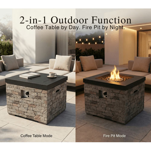 Outdoor Fire Pit Table, 50,000 BTU Propane Fire Pit, Lightweight Concrete Gas Fire Table with Lava Rocks, Burner Lid & Waterproof Cover, Rectangular Firepit for Patio Garden - Sonkuki