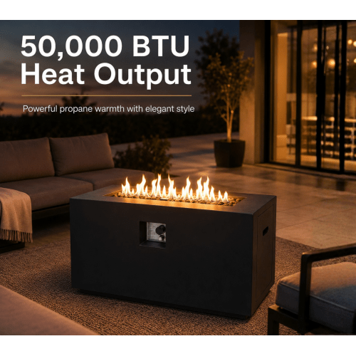 Outdoor Fire Pit Table, 50,000 BTU Propane Fire Pit, Lightweight Concrete Gas Fire Table with Lava Rocks, Burner Lid & Waterproof Cover, Rectangular Firepit for Patio Garden - Sonkuki