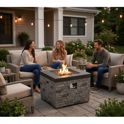 Outdoor Fire Pit Table, 50,000 BTU Propane Fire Pit, Lightweight Concrete Gas Fire Table with Lava Rocks, Burner Lid & Waterproof Cover, Rectangular Firepit for Patio Garden - Sonkuki